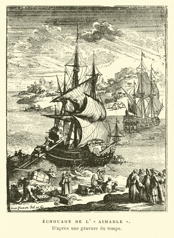 Strandningen av lAimable, Matagorda Bay, Texas, 1685 av French School
