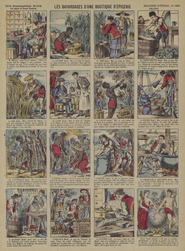 Berättelserna om produkterna i en livsmedelsbutik (färg litho) av French School