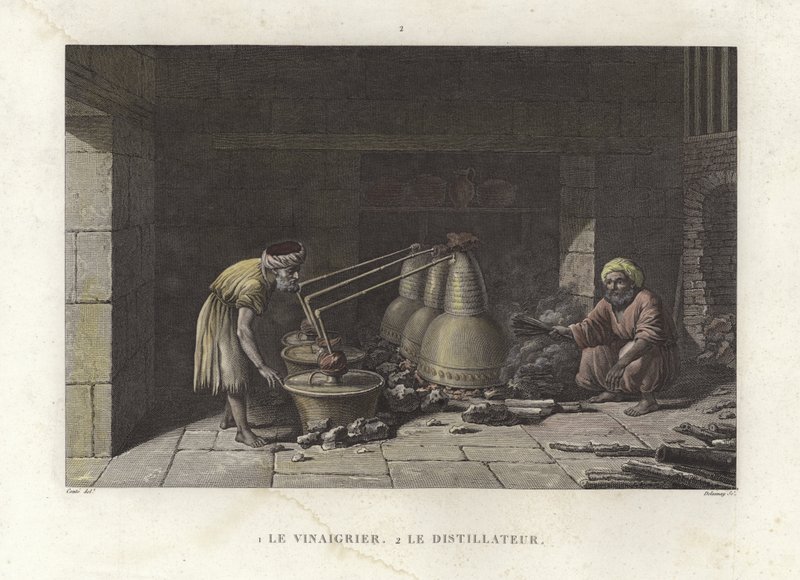 Vinägertillverkaren sköter sina stillbilder (färggravyr) av French School