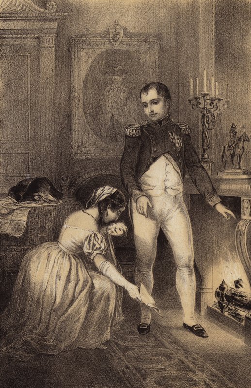 Hustru till den preussiske generalen Franz Ludwig von Hatzfeld ber Napoleon att skona sin mans liv (litho) av French School