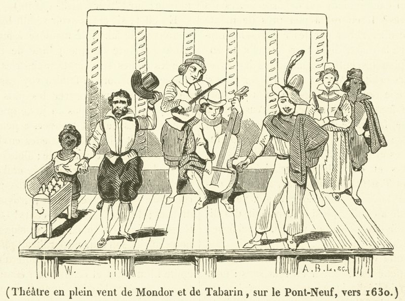 Teater i det fria i Mondor och Tabarin, på Pont-Neuf, omkring 1630 (gravyr) av French School