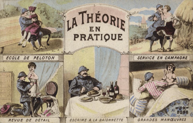 Teori och praktik, romantik och soldater (färg litho) av French School
