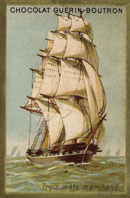 Tremastat handelsfartyg (chromolitho) av French School