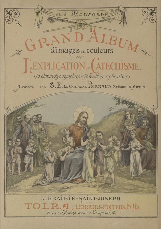 Titelsida för stort album med färgade bilder för förklaringen av katekesen (färg litho) av French School