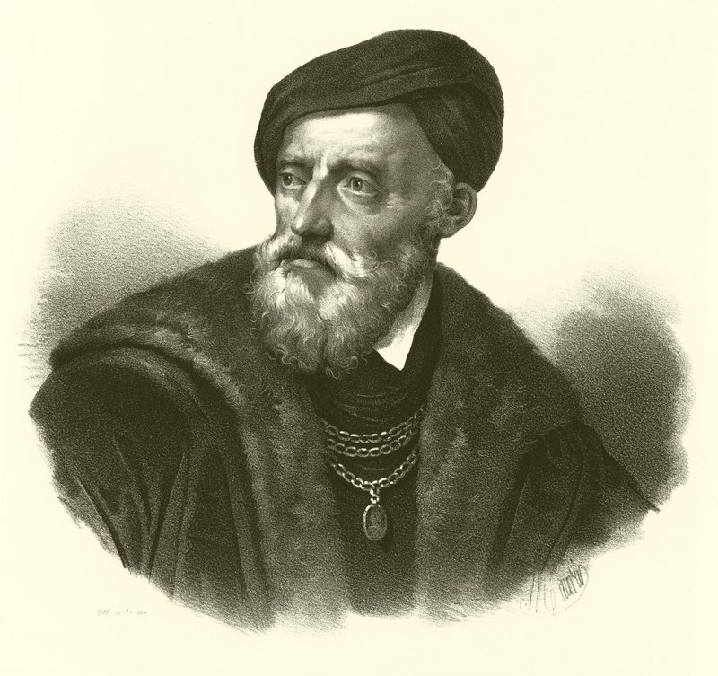 Tiziano Vecelli eller Tiziano Vecellio, känd på engelska som Titian, porträtt (gravyr) av French School