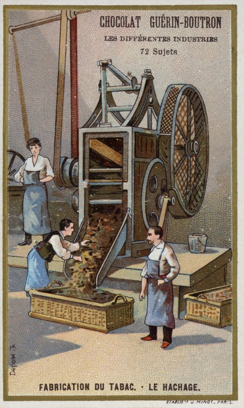 Tobakstillverkning. Strimla löv (chromolitho) av French School
