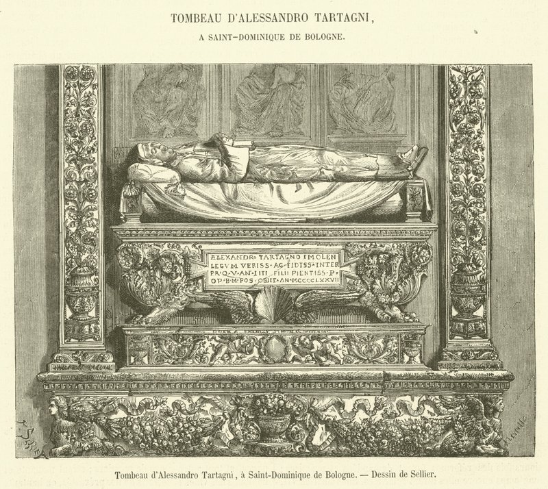 Alessandro Tartagnis grav, i Saint-Dominique de Bologna (gravyr) av French School