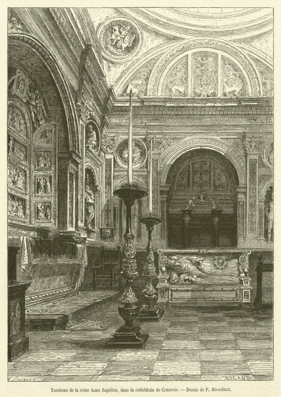 Drottning Anne Jagiellons grav i Krakows katedral (gravyr) av French School