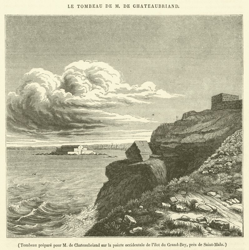 Gravvård iordningställd för M de Chateaubriand på västra spetsen av ön Grand-Bey, nära Saint-Malo (gravyr) av French School
