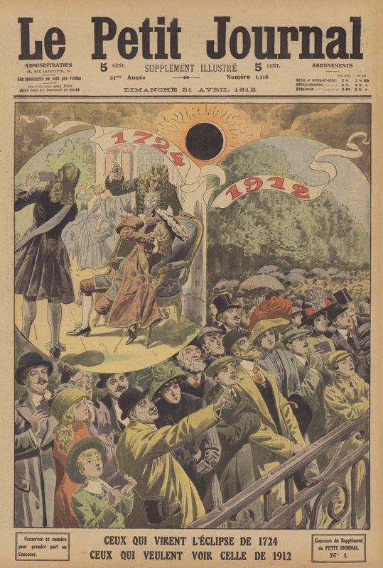 Totala solförmörkelser 1724 och 1912 (färg litho) av French School