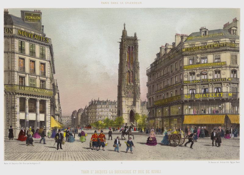 St Jacques-La-Boucherie Tower och Rue De Rivoli (färg litho) av French School