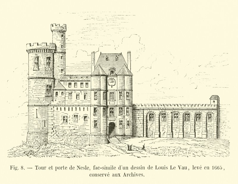Nesle torn och port, faksimil av en teckning av Louis Le Vau, ritad 1665, bevarad i arkivet av French School