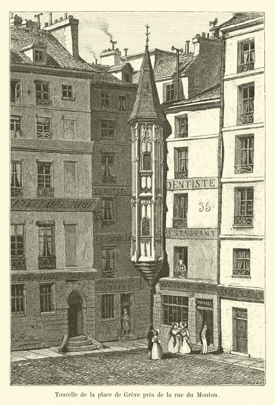 Torn på Place de Greve nära rue du Mouton av French School