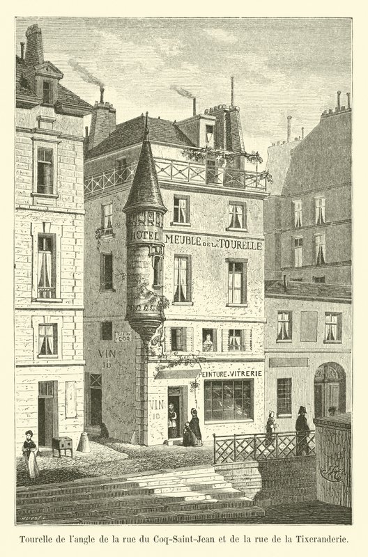 Torn i hörnet av rue du Coq-Saint-Jean och rue de la Tixeranderie av French School