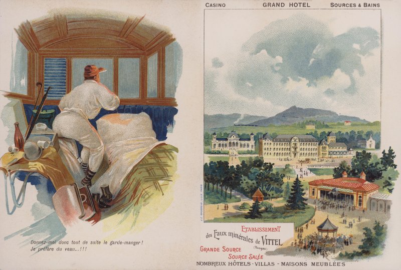 Handelskort som annonserar den franska kurorten Vittel (chromolitho) av French School