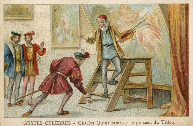 Handelskort med Charles Quint som tar upp Titians pensel (kromolit) av French School