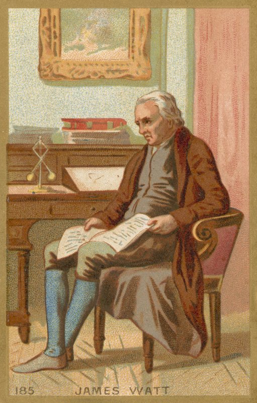 Handelskort som visar ett porträtt av James Watt av French School