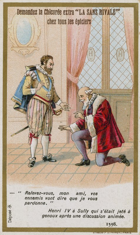 Handelskort som visar svaret från kung Henrik IV av Frankrike på hertigen av Sully av French School