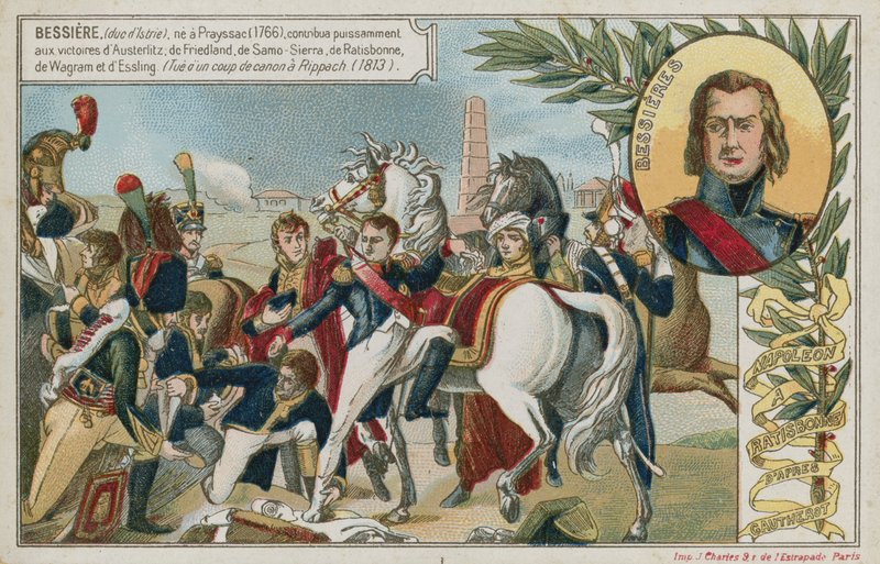Byteskort med en bild föreställande Napoleon Bonaparte vid Ratisbonne av French School