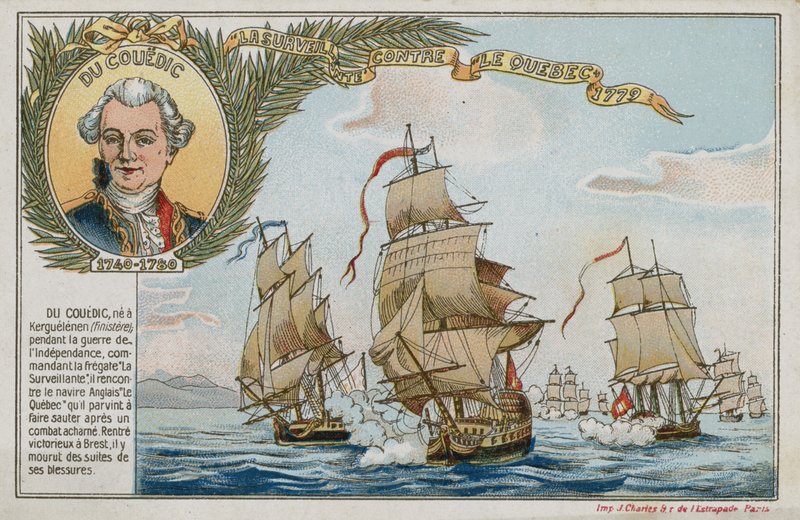 Byteskort med en bild som föreställer Surveillante mot HMS Quebec av French School
