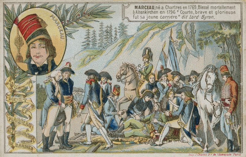 Byteskort med en bild som föreställer den franske generalen Marceau-Desgraviers död av French School