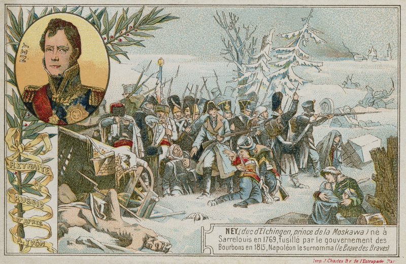 Byteskort med en bild som föreställer reträtten från Ryssland av French School