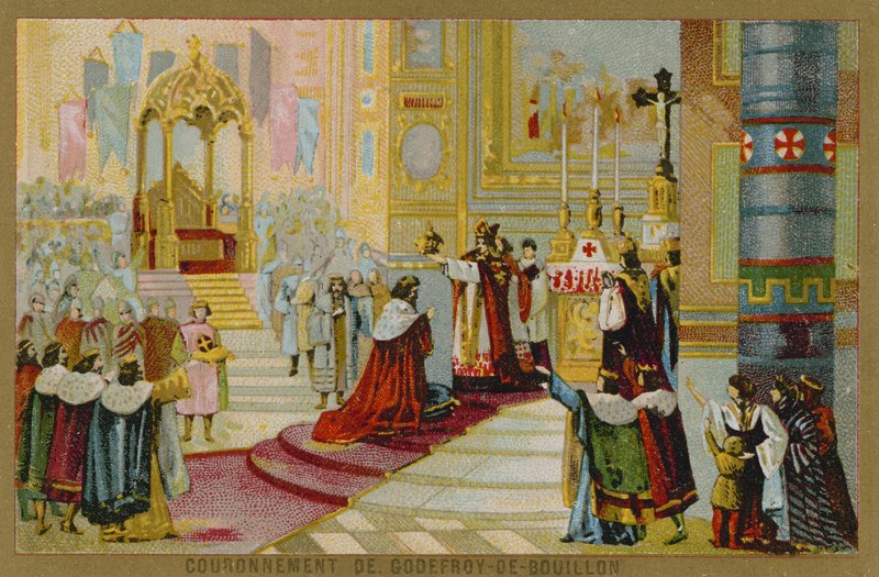 Byteskort med en bild av Godefroy de Bouillons kröning av French School