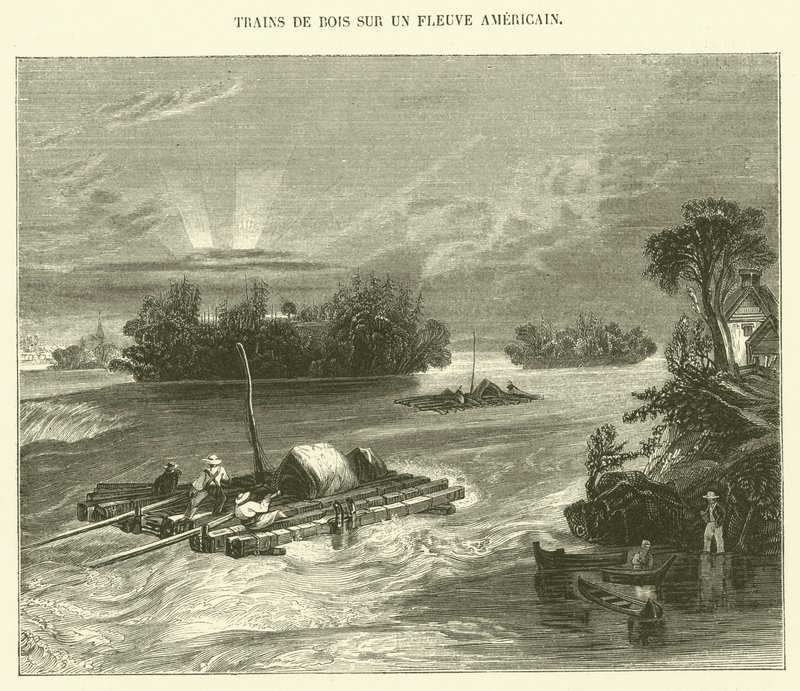 Trätåg på en amerikansk flod (gravyr) av French School