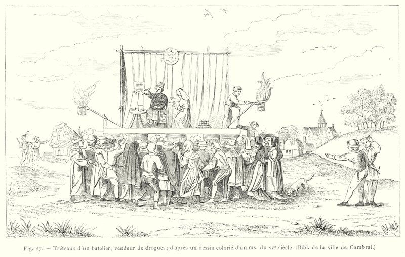 Bockar av en båtsman, drogförsäljare, efter en färgad teckning av en 1400-tals ms (gravyr) av French School