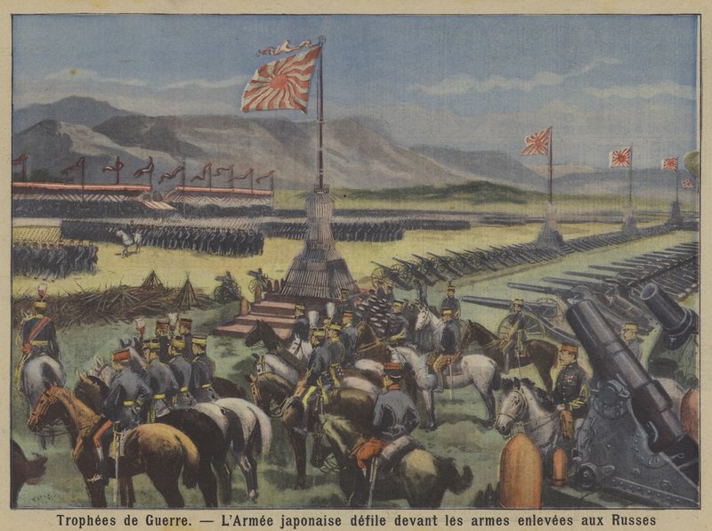 Krigets troféer: den japanska armén paraderar inför rysk beväpning som fångats i det rysk-japanska kriget (färg litho) av French School