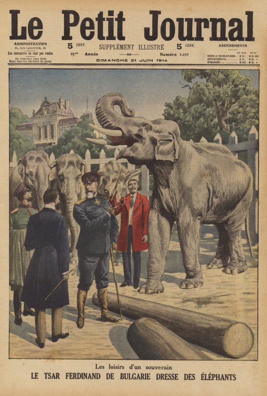 Tsar Ferdinand I av Bulgarien tränar elefanter (färg litho) av French School