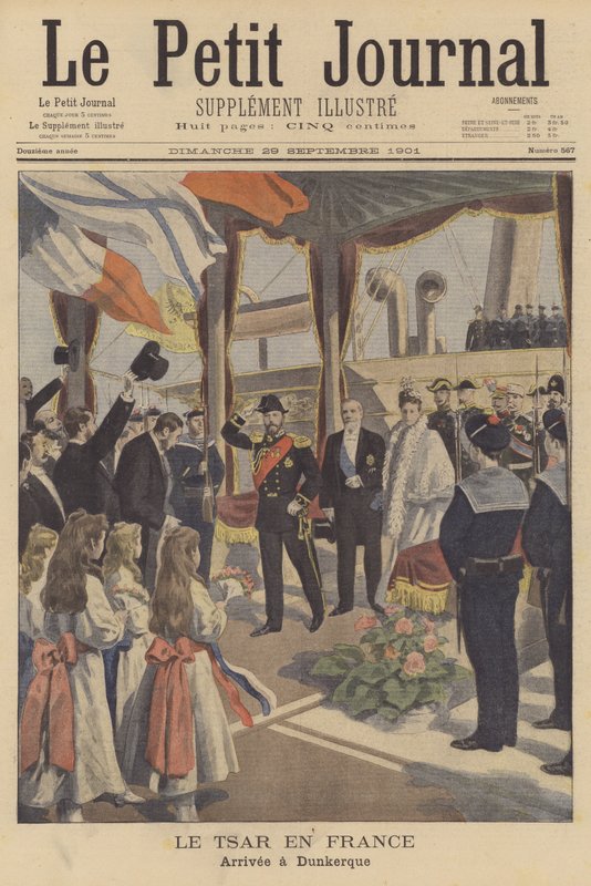 Tsar Nicholas II av Ryssland anländer till Dunkerque på sitt besök i Frankrike (färg litho) av French School