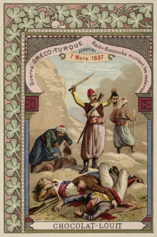 Turkiska bashi-bazouks stympande grekiska lik, Akrotiri, Kreta, grekisk-turkiska kriget, 7 mars 1897 av French School