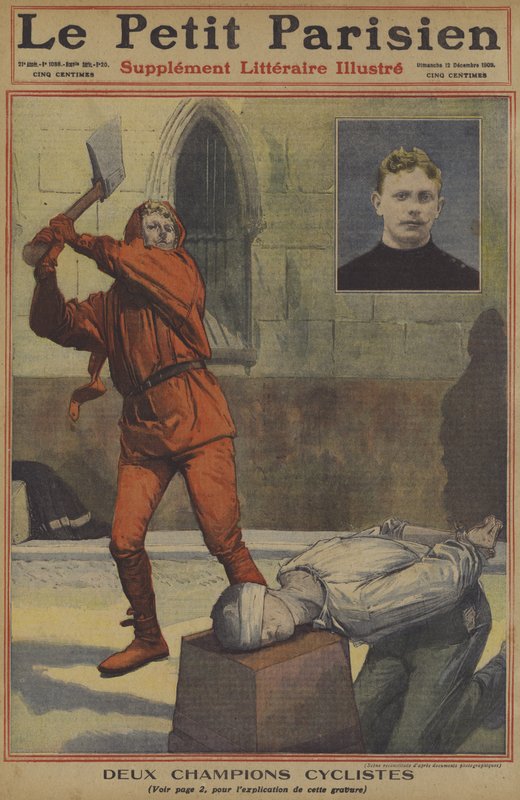Två mästarcyklister (färg litho) av French School