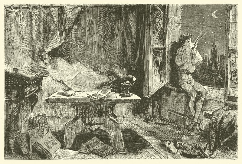 Tycho Brahe mäter avståndet som skiljer stjärnorna åt (gravyr) av French School