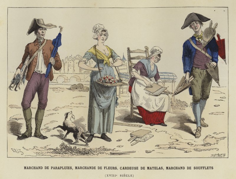 Paraplyförsäljare, blomstersäljare, kard- och bälgförsäljare, 1700-tal av French School