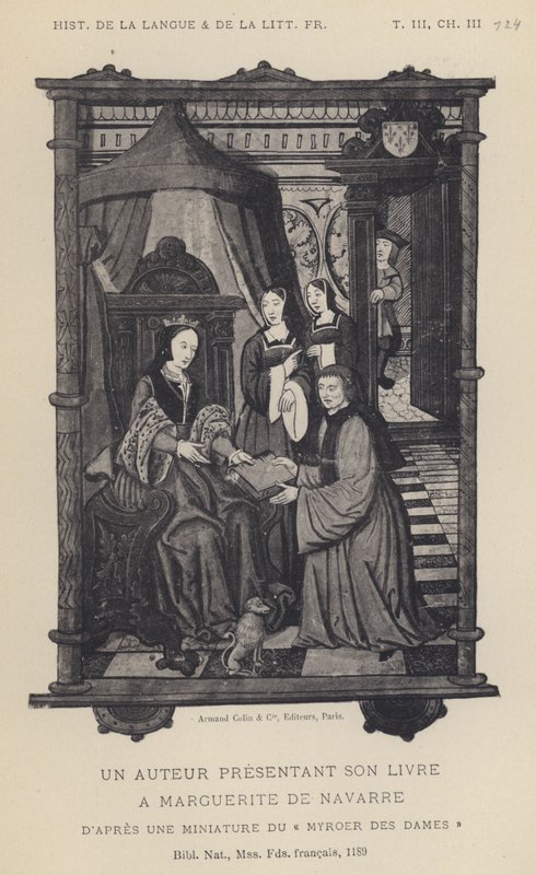 En författare som presenterar sin bok för Marguerite De Navarre (litho) av French School