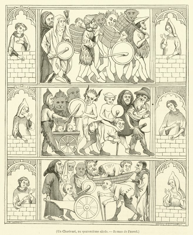 Un Charivari, au quatorzieme siecle, Roman de Fauvel (gravyr) av French School