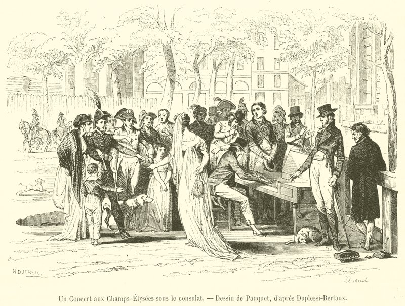 En konsert på Champs-Elysees under konsulatet (gravyr) av French School