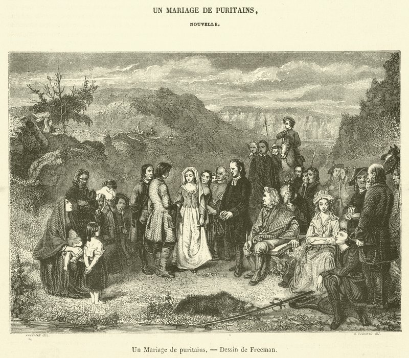 Ett puritanskt bröllop (gravyr) av French School