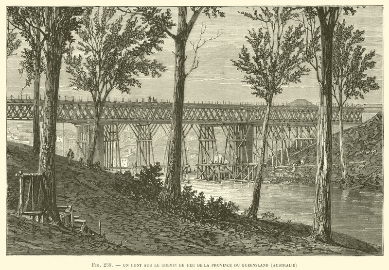 En bro på Queensland Province Railway, Australien (gravyr) av French School