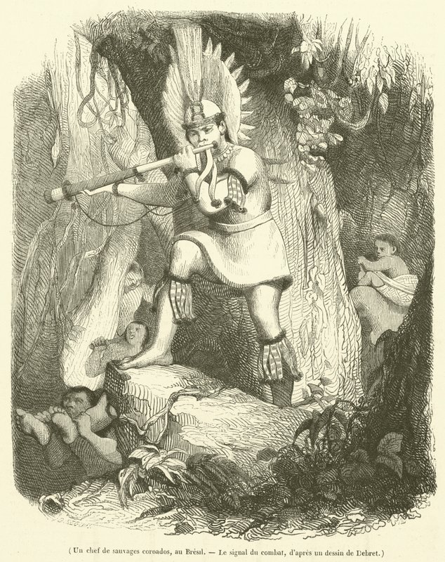 En chef för Coroados Savages, i Brasilien, The Signal for Combat (gravyr) av French School
