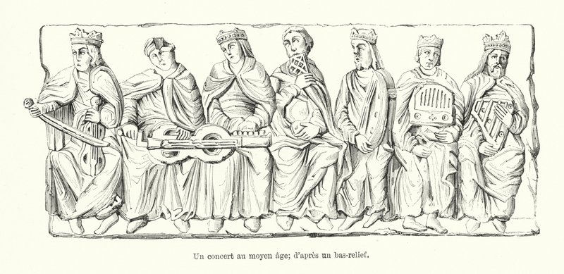 En konsert under medeltiden; från en basrelief (gravyr) av French School