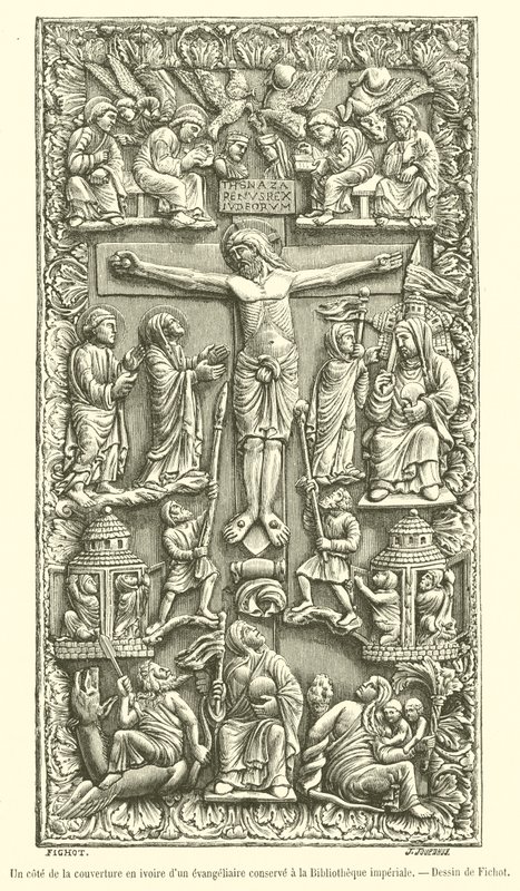 Ena sidan av elfenbensomslaget till ett evangelium bevarat i det kejserliga biblioteket (gravyr) av French School