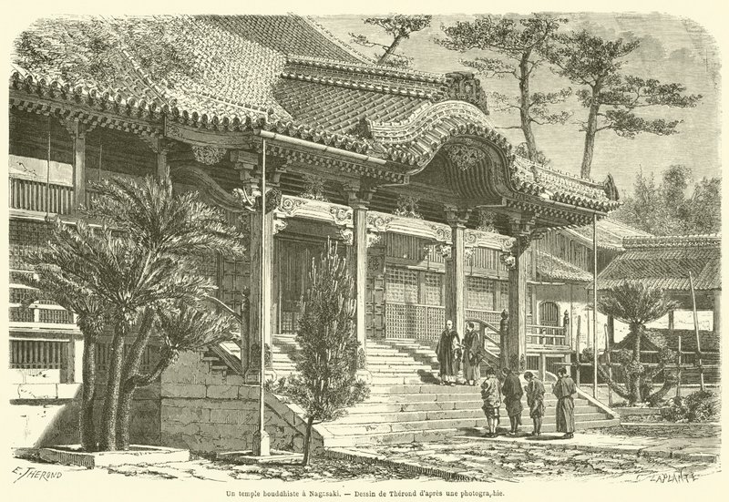 Ett buddhistiskt tempel i Nagasaki (gravyr) av French School