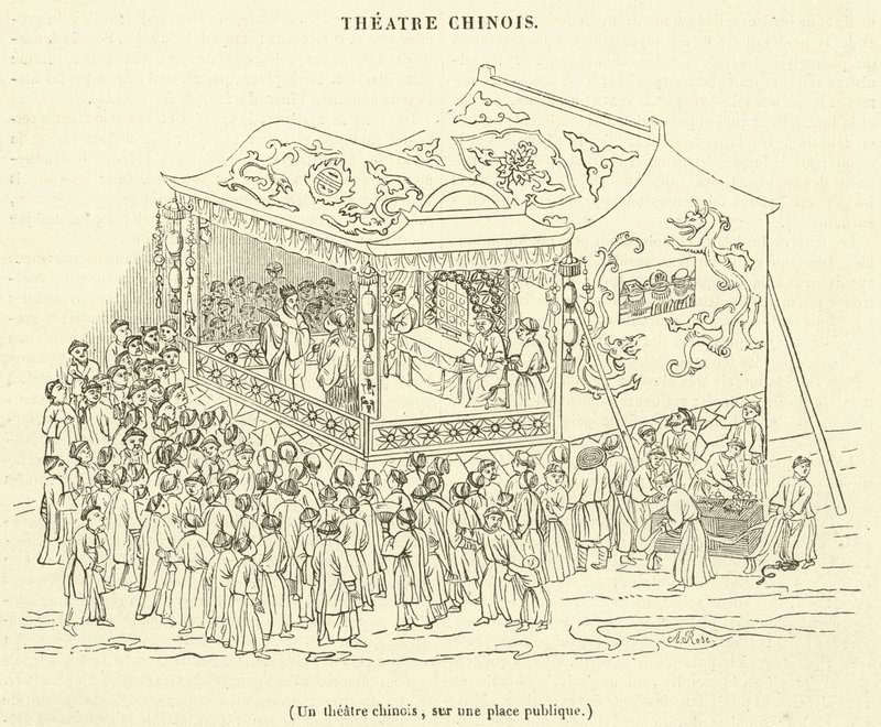 En kinesisk teater, på ett offentligt torg (gravyr) av French School