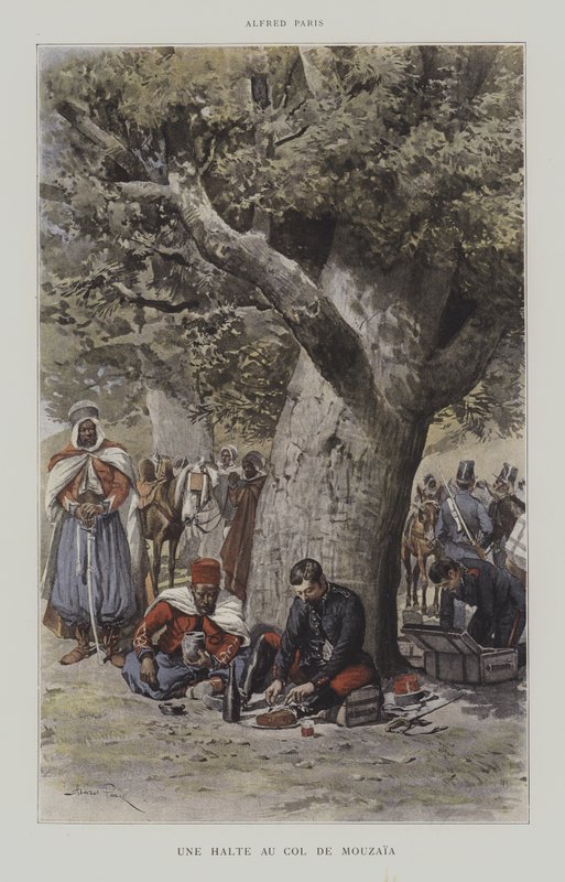 Ett stopp vid Col de Mouzaia (färg litho) av French School
