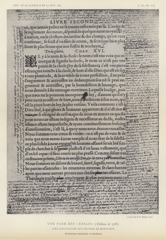 A Page From The Essays, 1588 Edition, med autografkommentarer av Montaigne (litho) av French School