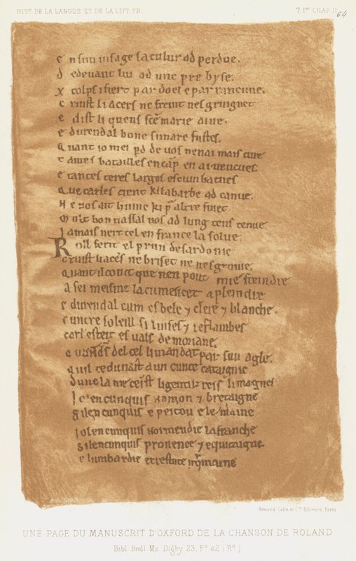 En sida från Oxford-manuskriptet till Rolands sång (färg litho) av French School