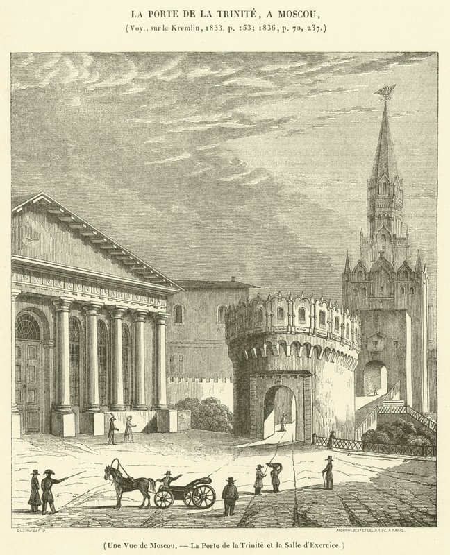 En vy över Moskva, Treenighetsporten och Exercishallen (gravyr) av French School